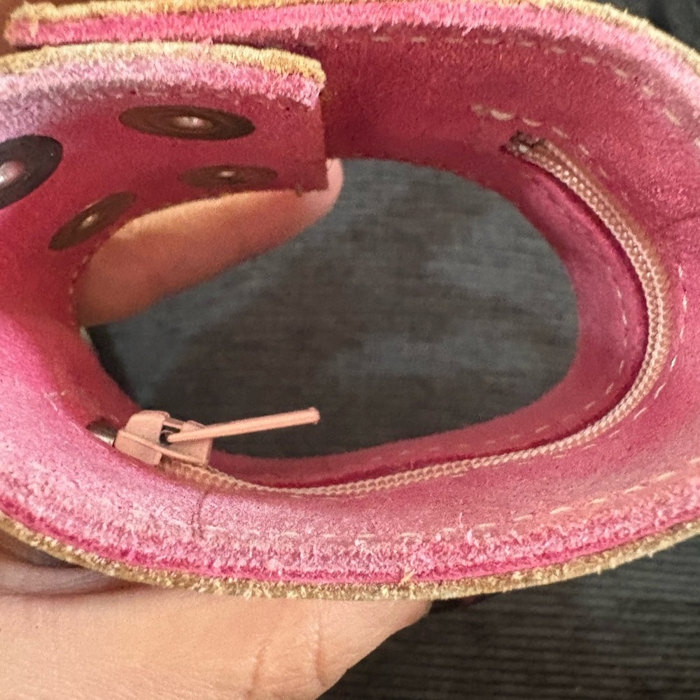 Brown Leather Cuff Bracelet with Pink Peace & Heart Inlays - Picture 2 of 2